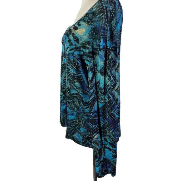 Chico's Travelers Size 3 (XL) Thin Slinky Knit Long Sleeve Top Abstract Teal - Picture 4 of 8